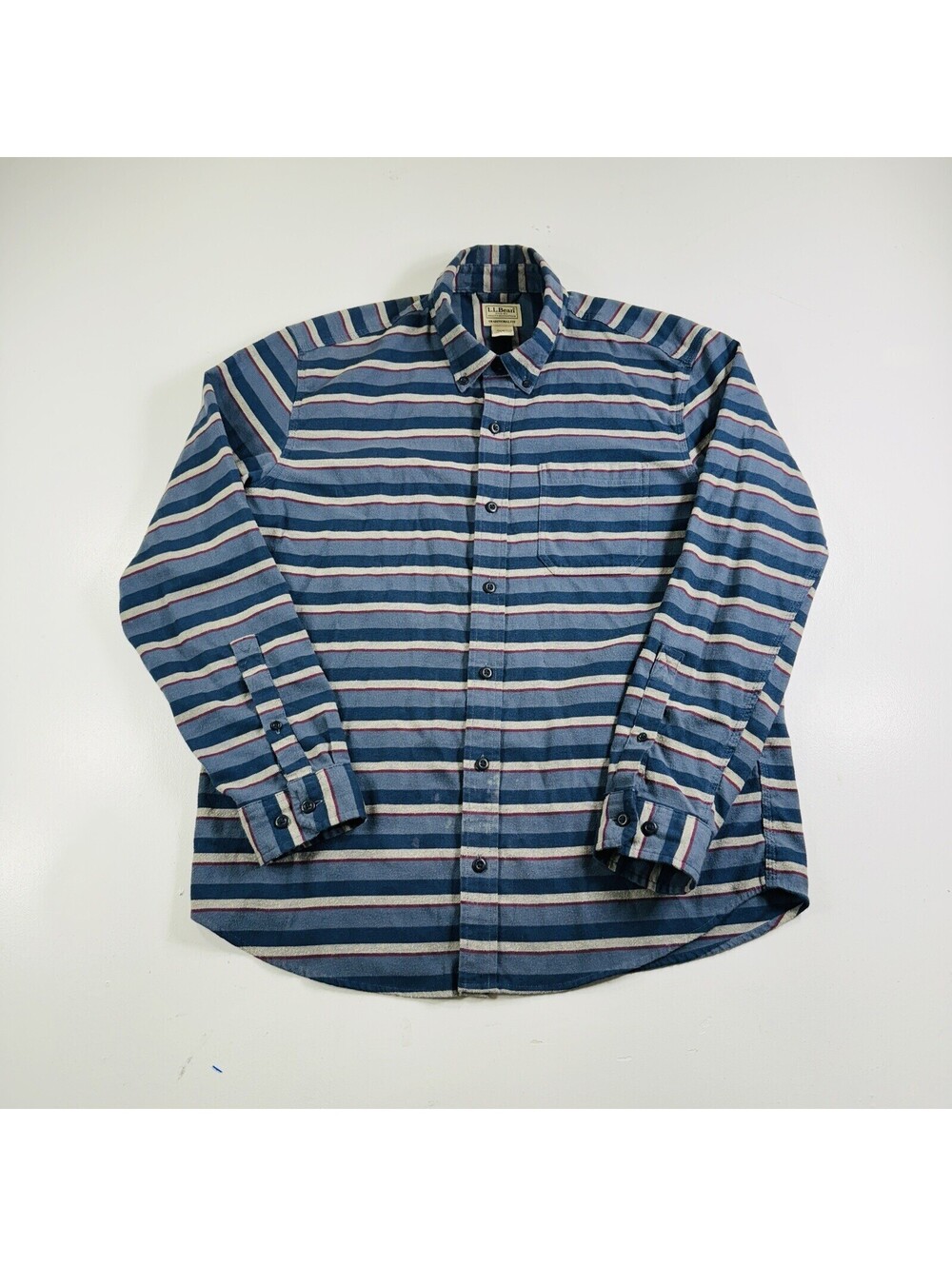LL Bean Flannel Shirt L/S Blue Red Striped Traditional Fit Men’s Size Medium